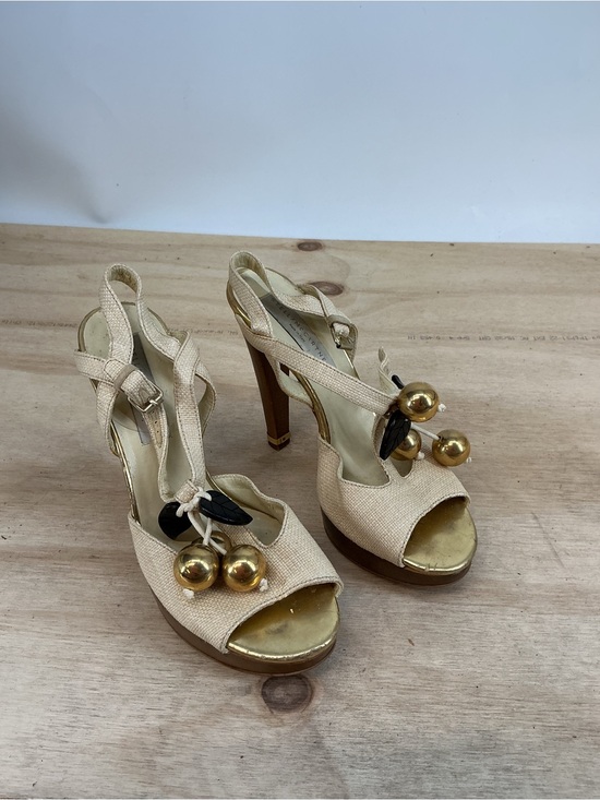 Stella McCartney Shoes - Stella McCartney Beige Platform Peep-Toe Heels with Gold Charm Detail Size 37.5